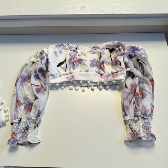 Skirt Set Floral pom pom trim Bodice off shoulder sheer sleeve crop top purple - Picture 4 of 15